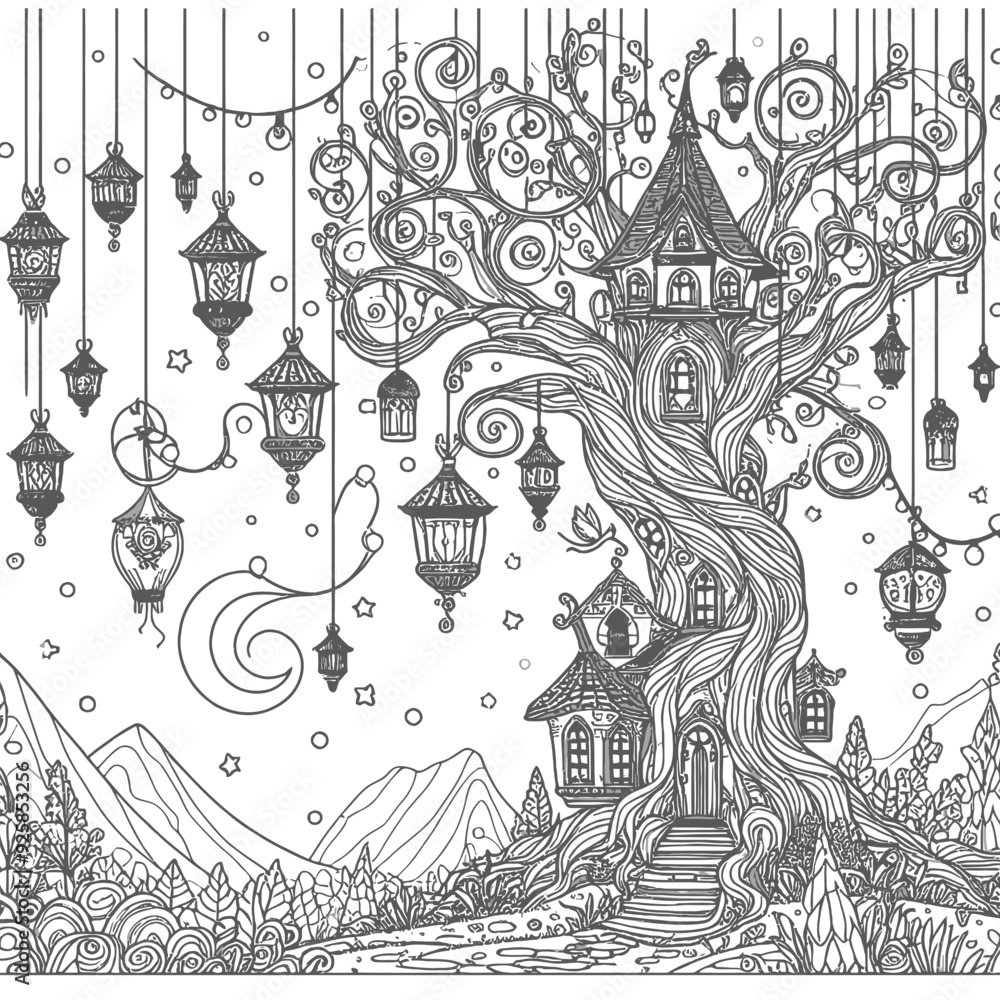 Fototapeta premium A tall, twisted tree with a whimsical house nestled
