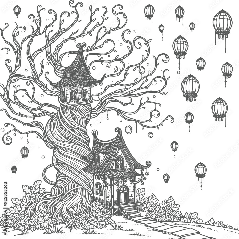 Naklejka premium A tall, twisted tree with a whimsical house nestled vector