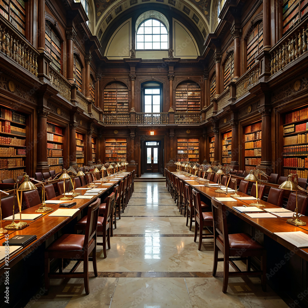 Obraz premium Historical Library Interior with Rows of Wooden Bookshelves and Tables