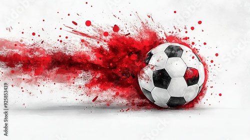 Soccer ball in motion with a splash of red paint on a white background