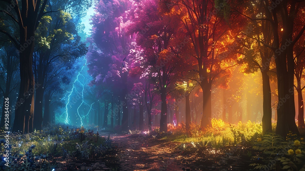 landscape in a fabulous forest, rainbow spectrum of colorful autumn trees in unusual neon lighting, fog background autumn fantasy. landscape in a fabulous forest, rainbow spectrum of colorful autumn trees in unusual neon lighting, fog background autumn fantasy.