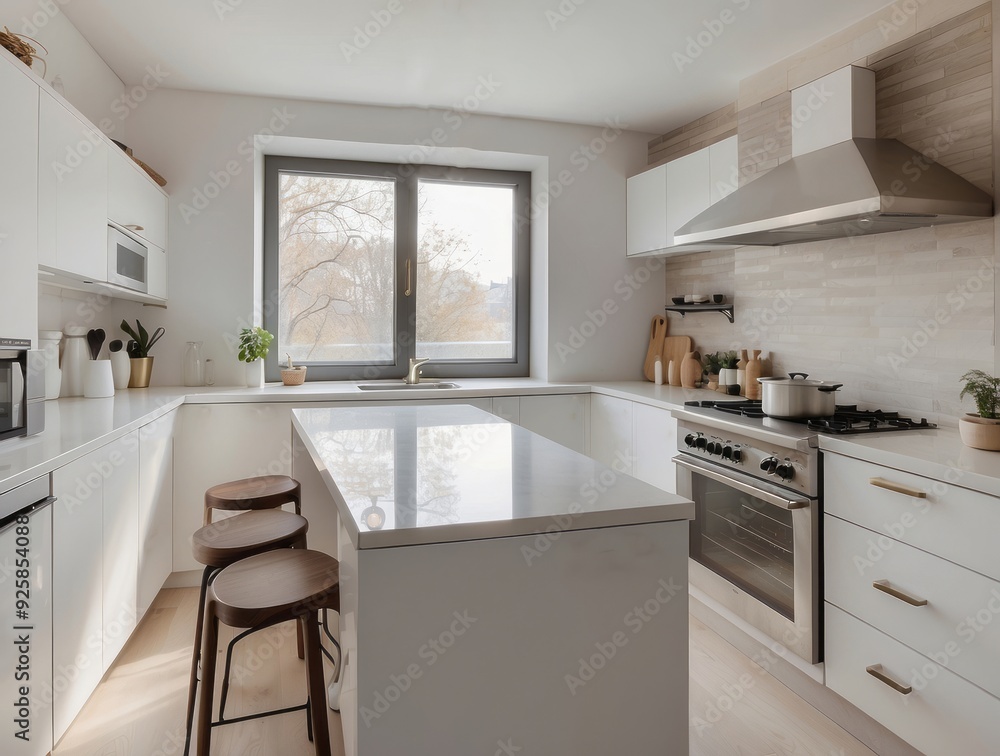 Modern Kitchen with White Cabinets and Island Counter Modern Kitchen with White Cabinets and Island Counter