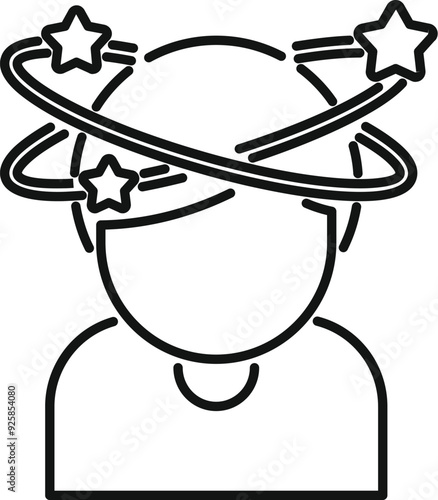 Simple line drawing of a person feeling dizzy, with stars spinning around their head