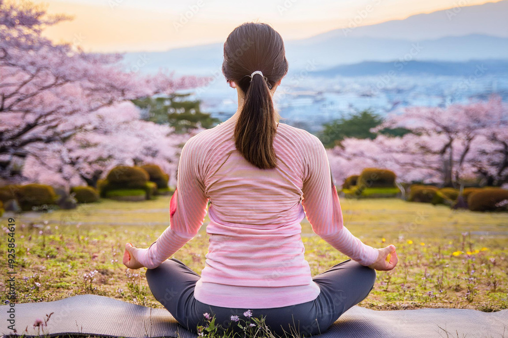 春の景色を背景にヨガをする若い女性の後ろ姿 春の景色を背景にヨガをする若い女性の後ろ姿