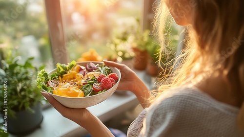 Person enjoying a healthy, nutrientdense breakfast to start the day with mental clarity and focus, Mental health, morning sports nutrition photo