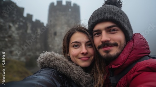 A couple enjoying a serene moment together near an ancient castle on a misty day. Perfect for travel and romance themes.