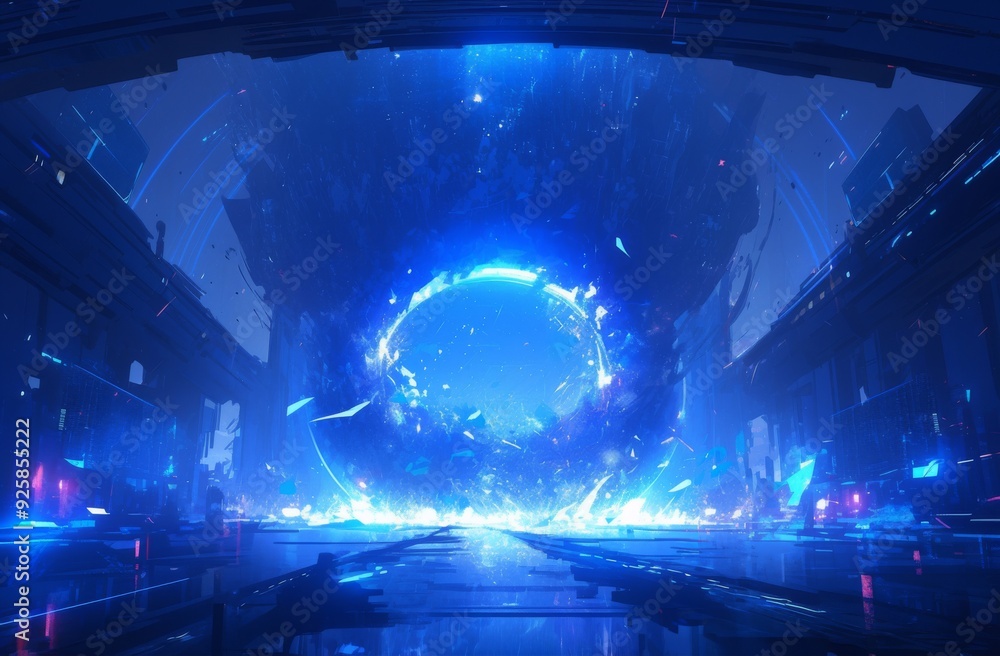 Futuristic Tunnel with Blue Lighting and Reflective Floor: A Dark Backdrop for Technological Concepts and Generative AI Themed Art.