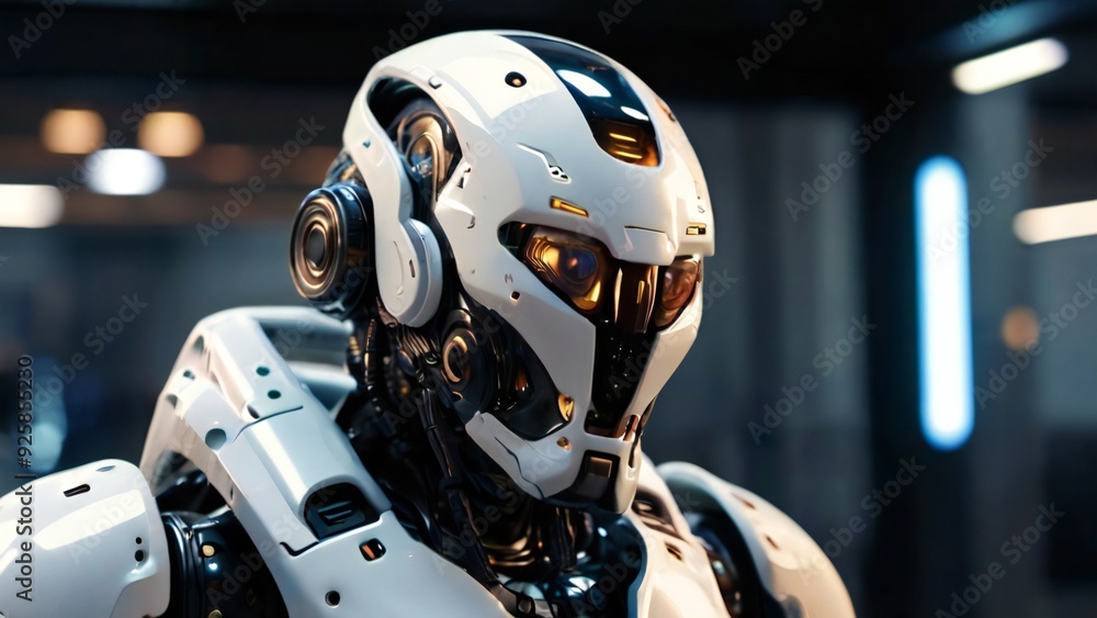 A futuristic robot in silver and white armor, with intricate details, set against a softly lit, high-tech environment. A futuristic robot in silver and white armor, with intricate details, set against a softly lit, high-tech environment.