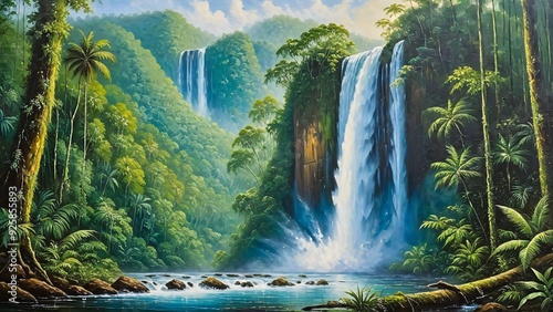 painting about beautiful rainforest waterfalll photo