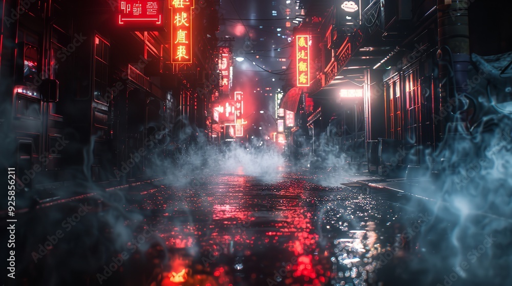 Neon lights illuminating a foggy, empty street with reflections and smoke creating a haunting mood. Neon lights illuminating a foggy, empty street with reflections and smoke creating a haunting mood.