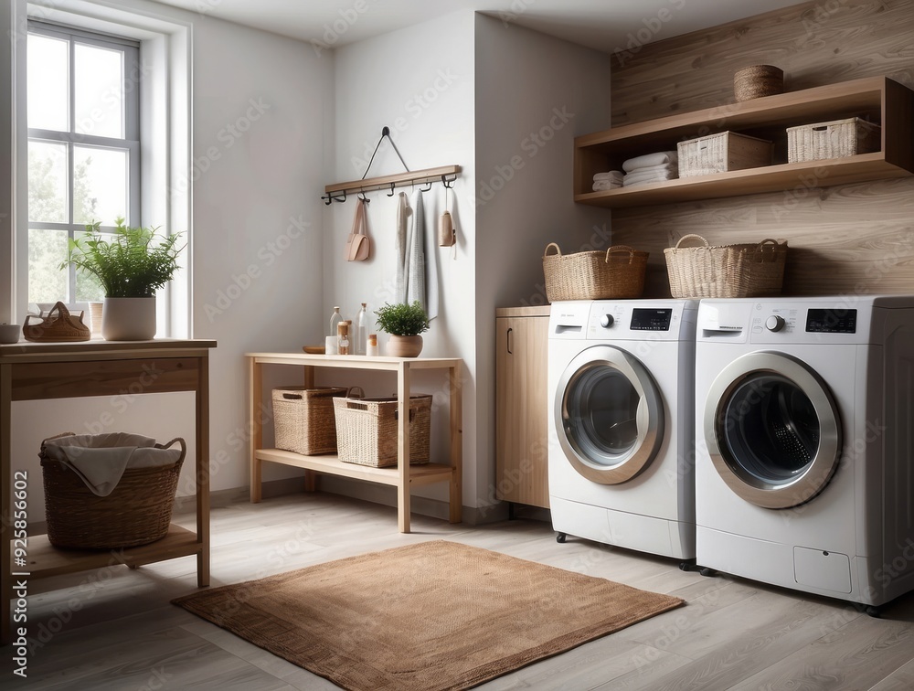 Modern Laundry Room with White Washing Machines and Wooden Accents Modern Laundry Room with White Washing Machines and Wooden Accents
