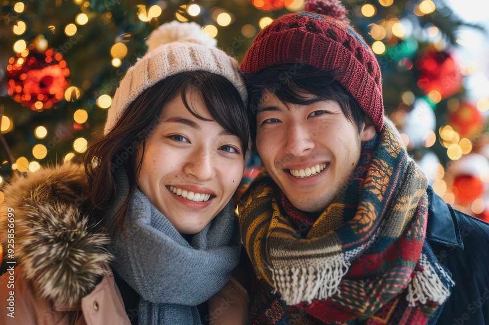 クリスマスを楽しむ笑顔のカップル(恋人・デート・婚活・マッチングアプリ・冬服・クリスマスツリー) クリスマスを楽しむ笑顔のカップル(恋人・デート・婚活・マッチングアプリ・冬服・クリスマスツリー)