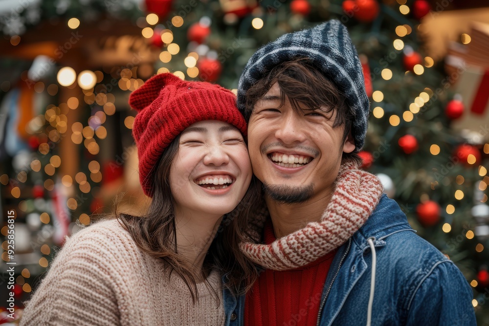 クリスマスを楽しむ笑顔のカップル(恋人・デート・婚活・マッチングアプリ・冬服・クリスマスツリー) クリスマスを楽しむ笑顔のカップル(恋人・デート・婚活・マッチングアプリ・冬服・クリスマスツリー)