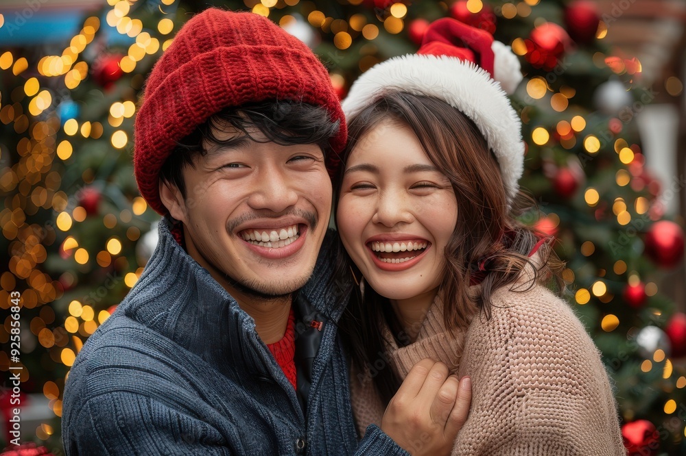 クリスマスを楽しむ笑顔のカップル(恋人・デート・婚活・マッチングアプリ・冬服・クリスマスツリー) クリスマスを楽しむ笑顔のカップル(恋人・デート・婚活・マッチングアプリ・冬服・クリスマスツリー)