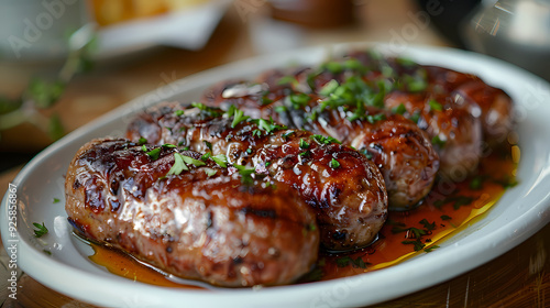 Andouillette in a white plate, in a luxurious shop