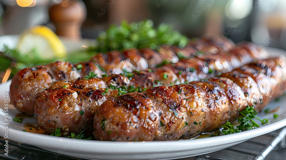 Andouillette in a white plate, in a luxurious shop Andouillette in a white plate, in a luxurious shop