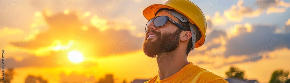 Construction worker in hard hat at sunset