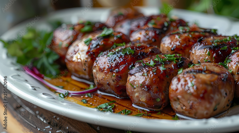 Andouillette in a white plate, in a luxurious shop Andouillette in a white plate, in a luxurious shop