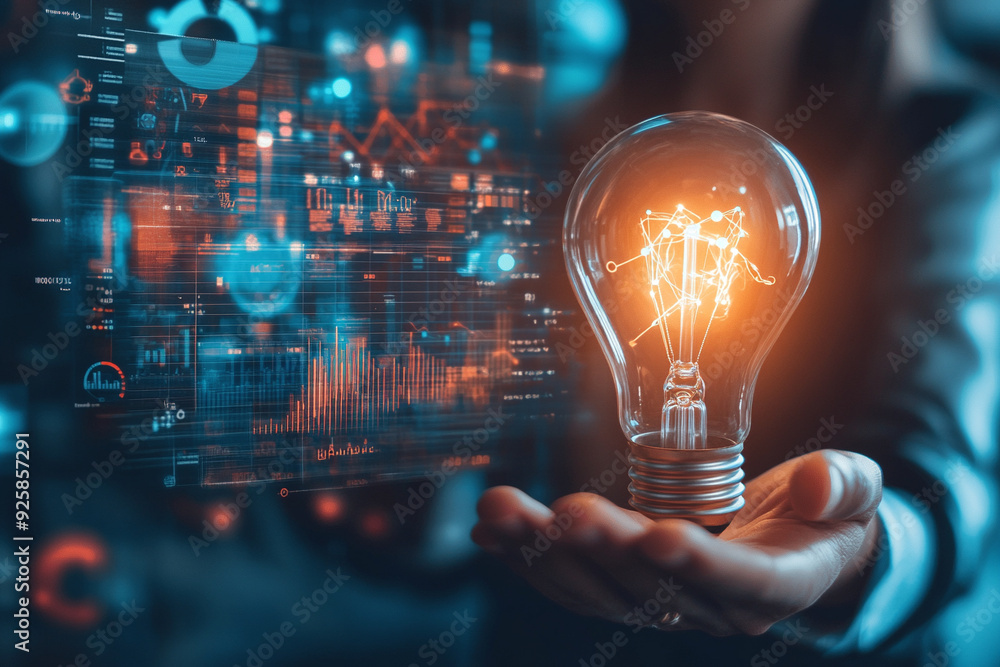 Businessman holds a bright light bulb with data analysis graphs. Businessman holds a bright light bulb with data analysis graphs.