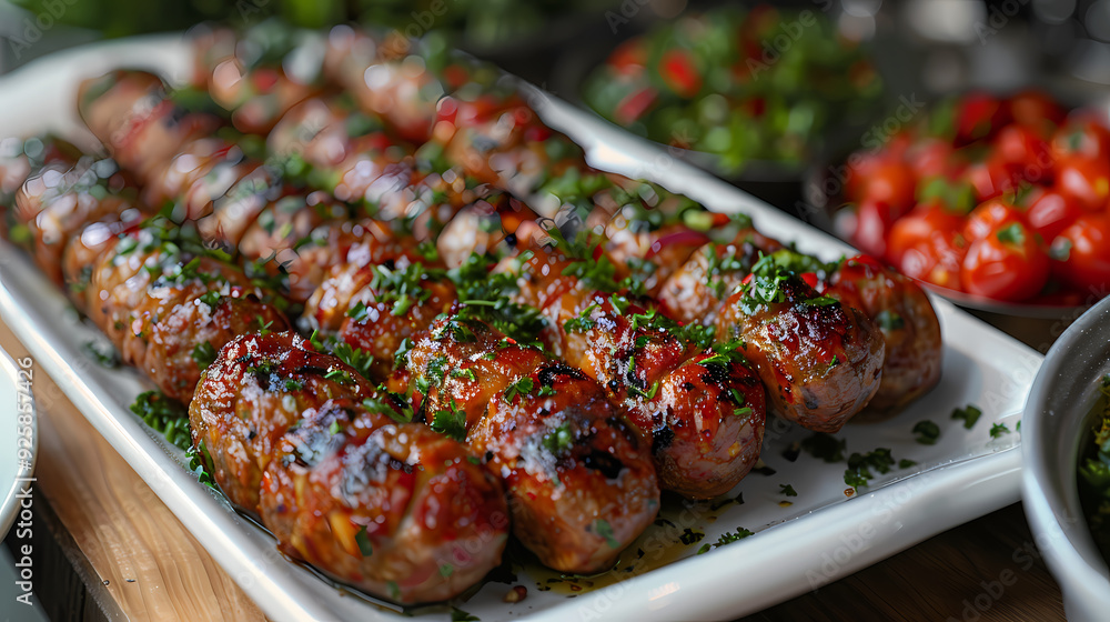Andouillette in a white plate, in a luxurious shop Andouillette in a white plate, in a luxurious shop