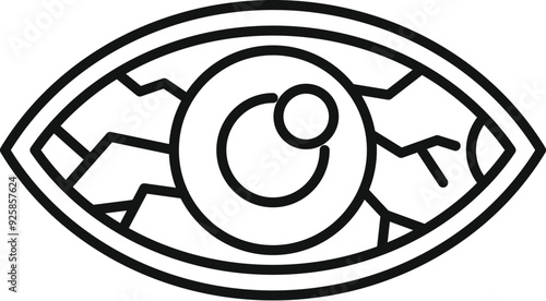 Black and white line drawing of a human eye with red veins, representing fatigue or conjunctivitis