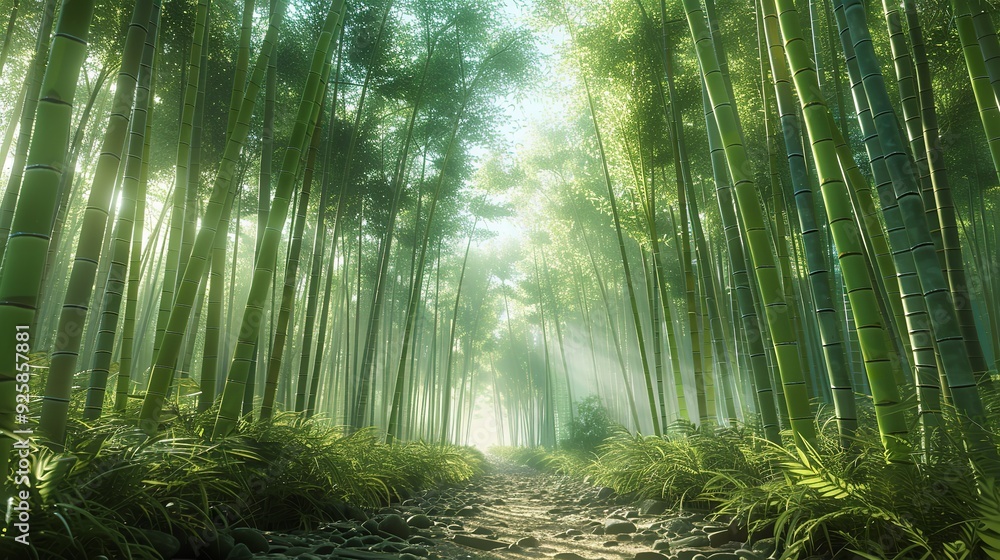 A dense bamboo forest with shafts of light illuminating the verdant green stalks. A dense bamboo forest with shafts of light illuminating the verdant green stalks.