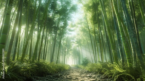 A dense bamboo forest with shafts of light illuminating the verdant green stalks.