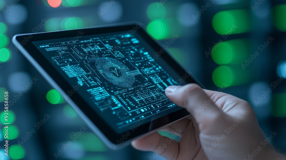 Hand Holding Tablet with Cybersecurity Interface Hand Holding Tablet with Cybersecurity Interface