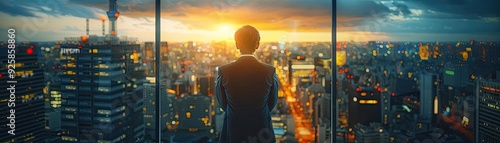 A businessperson gazes at a vibrant city skyline during sunset, reflecting ambition and opportunity in a thriving urban landscape.