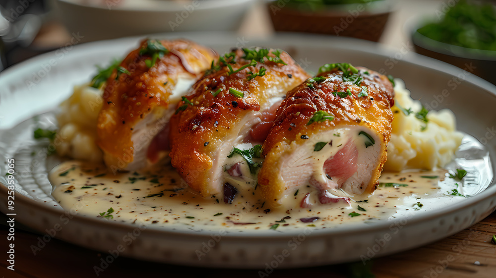 Chicken Cordon Bleu in a white plate, in a luxurious shop. Chicken Cordon Bleu in a white plate, in a luxurious shop.