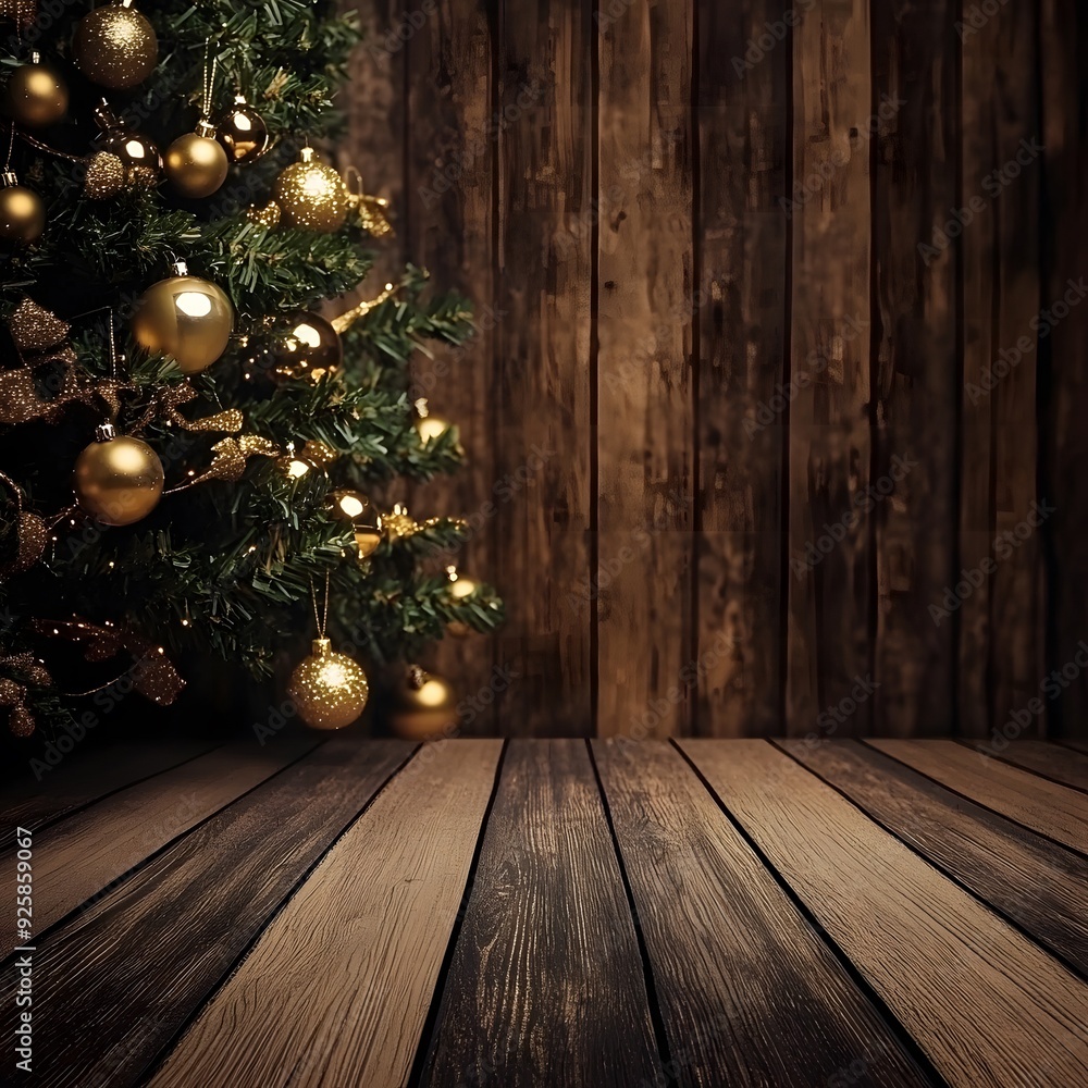 Charming Christmas interior showcasing a golden-decorated tree against a rustic wooden wall and a dark wooden floor, creating a cozy and festive atmosphere. Charming Christmas interior showcasing a golden-decorated tree against a rustic wooden wall and a dark wooden floor, creating a cozy and festive atmosphere.