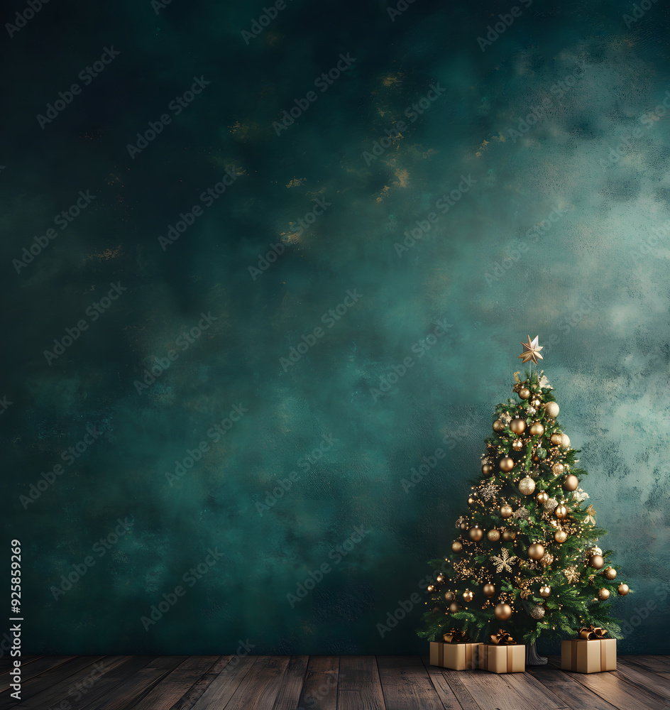 Christmas Interior with Golden-Decorated Tree Against a Green Wall and Dark Wooden Floor Christmas Interior with Golden-Decorated Tree Against a Green Wall and Dark Wooden Floor