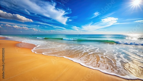 Fototapeta Naklejka Na Ścianę i Meble -  Summer beach scene with gentle waves, clear blue skies, and golden sand , Summer, beach, waves, blue skies, sunny, vacation