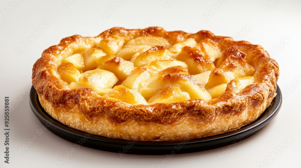 Golden baked apple pie on black plate Golden baked apple pie on black plate