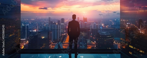 A silhouette of a man gazing at a stunning city skyline during sunset, reflecting ambition and tranquility.