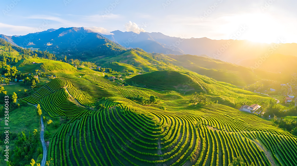 Fototapeta premium breathtaking view of lush green terraced fields under bright sky, evoking sense of tranquility and natural beauty.
