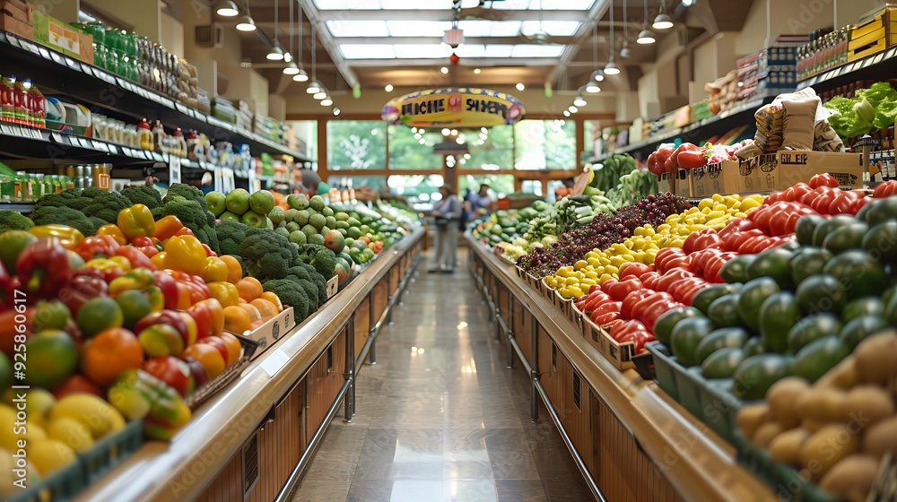Grocery store aisle during a sunny day, bright natural light from skylights, shelves fully stocked with products, fresh produce on display, busy customers shopping, vibrant and lively scene, Grocery store aisle during a sunny day, bright natural light from skylights, shelves fully stocked with products, fresh produce on display, busy customers shopping, vibrant and lively scene,