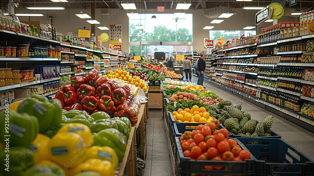 Grocery store aisle during a sunny day, bright natural light from skylights, shelves fully stocked with products, fresh produce on display, busy customers shopping, vibrant and lively scene, Grocery store aisle during a sunny day, bright natural light from skylights, shelves fully stocked with products, fresh produce on display, busy customers shopping, vibrant and lively scene,