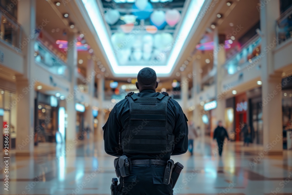 custom made wallpaper toronto digitalSecurity guard in a modern shopping mall. Back view of a person in uniform. Bright lights and reflections. This photo illustrates safety. Urban protection style and service. Generative AI
