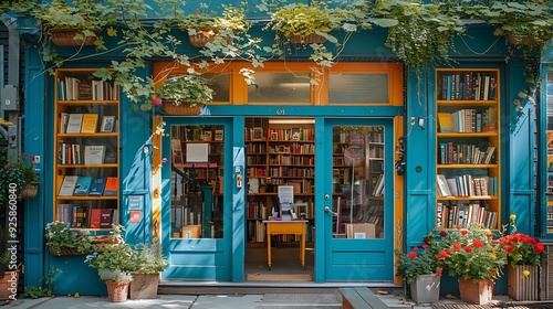 Independent bookstore during a sunny afternoon, bright and colorful window display, books and charming entrance, dynamic and lively scene, high-definition clarity, sharp details. --ar 16:9 --v 6.