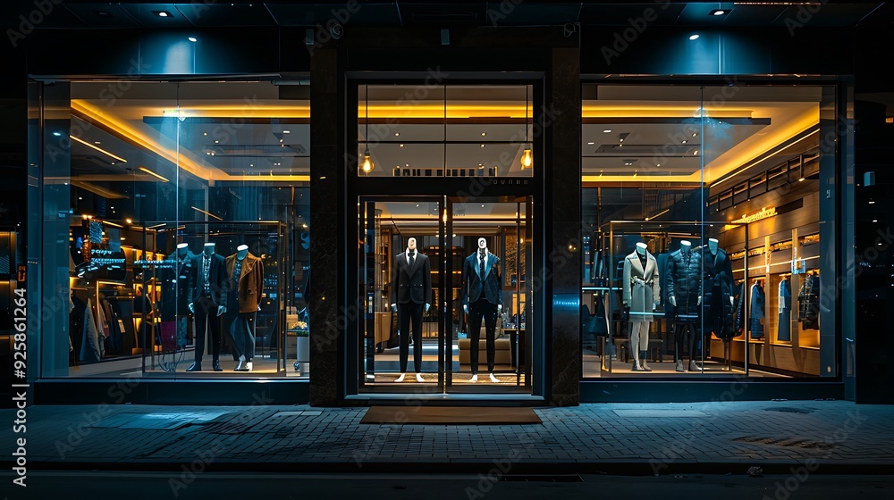 Night view of a luxury boutique storefront, illuminated by soft ambient lights, stylish mannequins in the windows, reflection of lights on the glass facade, few pedestrians, Night view of a luxury boutique storefront, illuminated by soft ambient lights, stylish mannequins in the windows, reflection of lights on the glass facade, few pedestrians,