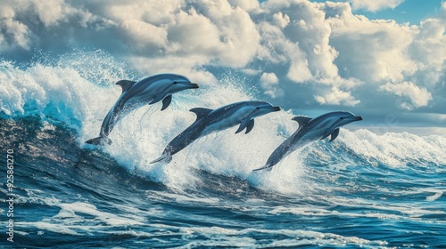 Three Dolphins Leap Over a Wave