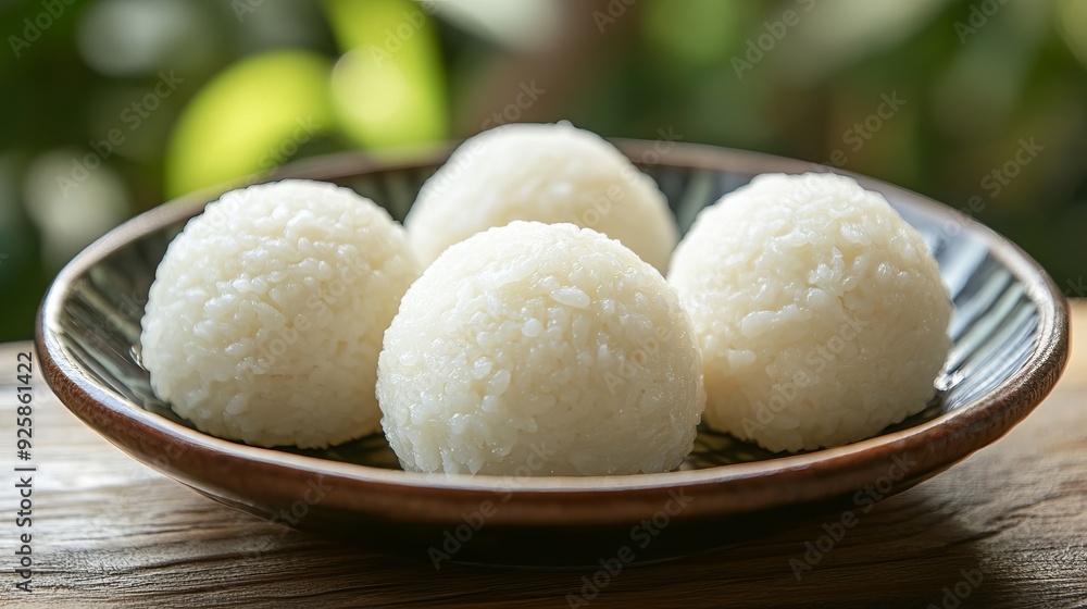 Soft rice balls on a decorative plate against a green background Soft rice balls on a decorative plate against a green background