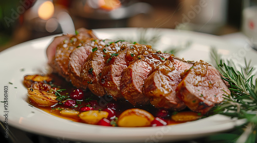 Gigot d'Agneau in a white plate, in a luxurious shop.