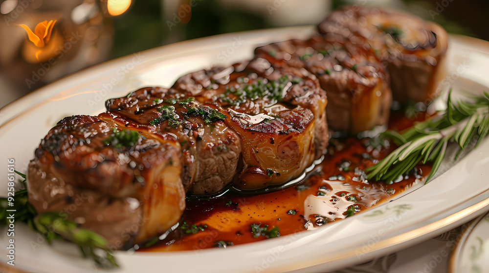 Gigot d'Agneau in a white plate, in a luxurious shop. Gigot d'Agneau in a white plate, in a luxurious shop.