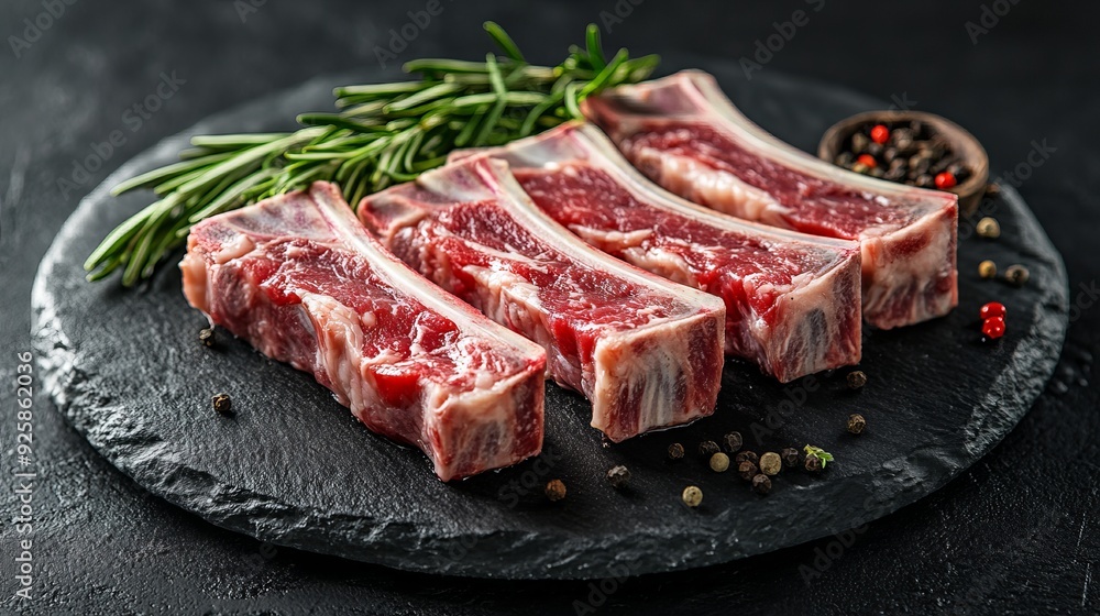 Fresh lamb ribs arranged on a slate board with herbs and spices Fresh lamb ribs arranged on a slate board with herbs and spices