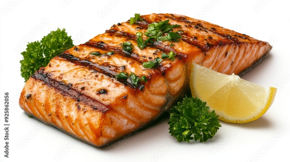 Grilled salmon with herbs and lemon wedge Grilled salmon with herbs and lemon wedge