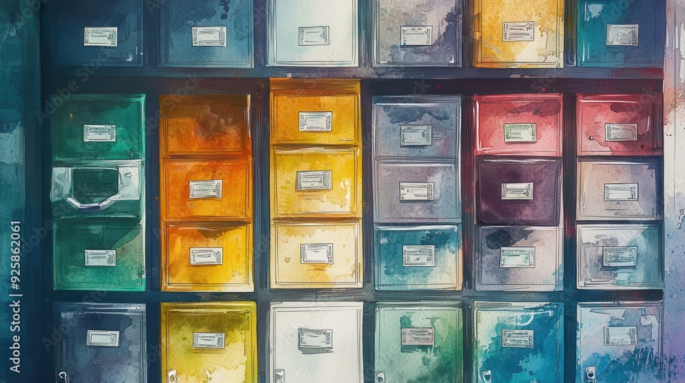Safe deposit boxes, each with different currencies, security concept, watercolor style Safe deposit boxes, each with different currencies, security concept, watercolor style