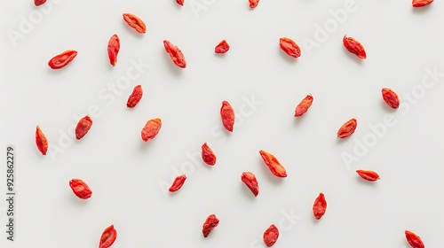 Dried goji berries with their bright red color and distinct shape arranged on a white surface.  photo