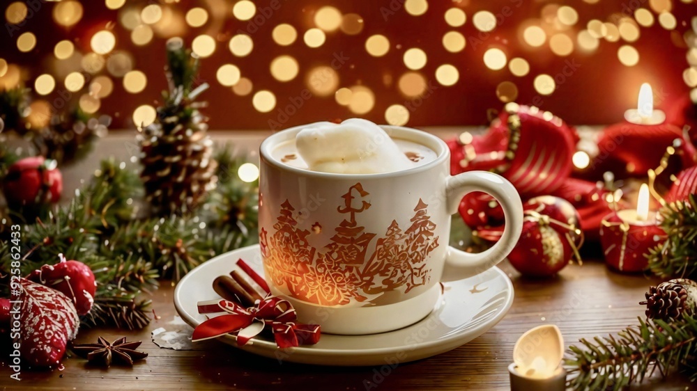 A hot drink with a design in the froth surrounded by Christmas decorations. A hot drink with a design in the froth surrounded by Christmas decorations.